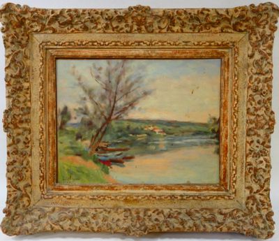 peinture à l'huile d'une scène de rivière avec des bateaux sur l'eau