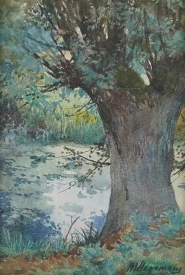 a watercolor painting of a tree by the water