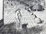 pencil drawing of a man standing on a dock with a boat in the background