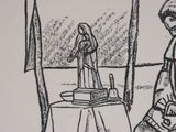 drawing of a man sitting on the ground next to a statue