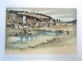 une photo d'une aquarelle représentant une ville située sur une colline