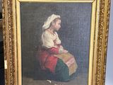 un tableau représentant une femme assise devant un chevalet