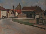 un tableau représentant une rue avec des maisons et une calèche