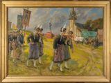 an oil painting of a group of people walking down a dirt road