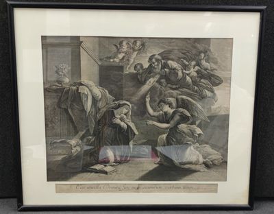 an old picture of a painting of a group of people in a room