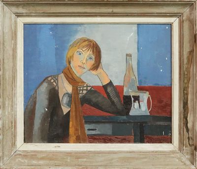 un tableau représentant une femme assise à une table avec une bouteille de vin
