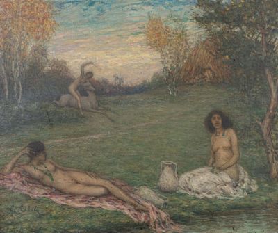 a painting of a couple of naked women laying on the grass