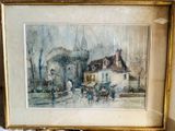 une peinture représentant une calèche devant un bâtiment