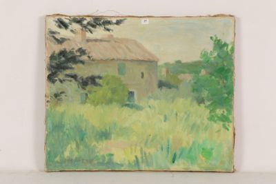 an oil painting of a house in a field with a tree in the foreground