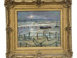 une image d'une peinture représentant une scène de plage avec un bateau dans l'eau