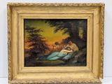 a painting of a woman and a child in a wooded setting