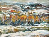 une peinture à l'huile représentant un paysage enneigé avec une montagne en arrière-plan