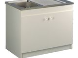 a sink with a faucet and a cabinet underneath it