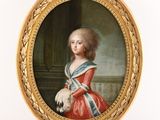 portrait of a young girl in a red dress holding a white dog