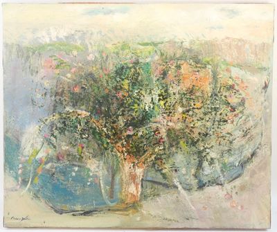 une image représentant un tableau d'un arbre dans un champ de fleurs