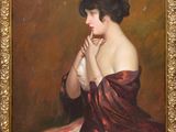 une peinture à l'huile représentant une femme en robe rouge, la main posée sur le menton