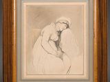 un dessin représentant une femme assise sur une chaise dans une pièce