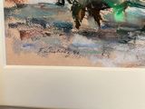 a picture of a painting of two cows pulling a wagon