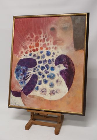 École moderne XXème « Femme à l’oiseau ». Huile sur toile. Signat...
