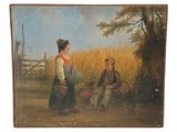 painting of a man and a woman in a field with a basket of flowers