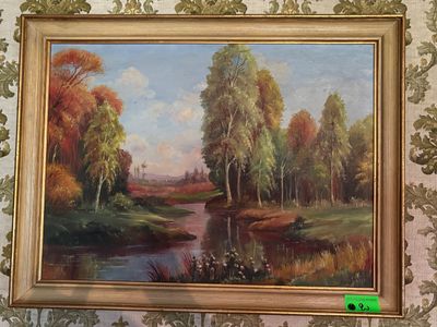 a painting on the wall of a room with a painting of a river