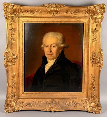 an old painting of a man in a black coat and white hair