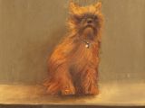 painting of a small dog sitting on a table in front of a wall