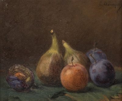 painting of a still life of fruit and vegetables on a green cloth