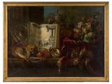 an oil painting of a still life with a book and other objects