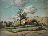 an image of a painting of a tree on a hill