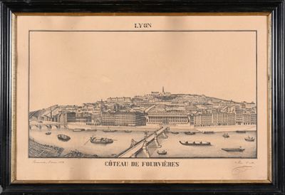 un vieux dessin représentant une vue de ville avec des bateaux sur l'eau