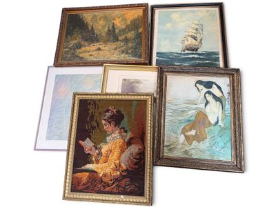 four framed pictures of a woman sitting on a couch