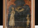 un vieux tableau représentant une femme tenant un oiseau dans la main