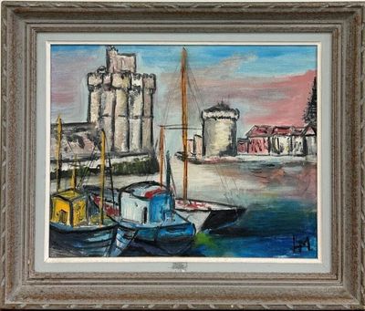 peinture de bateaux dans un port avec un château en arrière-plan