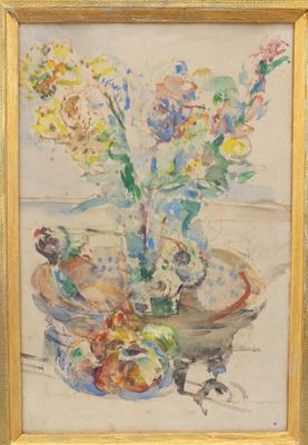 une peinture de fleurs dans un vase sur une table