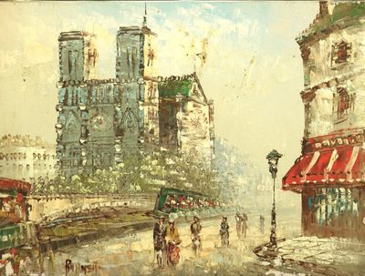 a painting of a street scene with people walking on the sidewalk