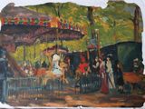 a painting of people riding on a carousel in a park