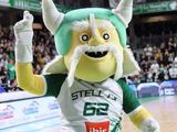 la mascotte d'une équipe de basket-ball, vêtue d'une tenue verte et blanche
