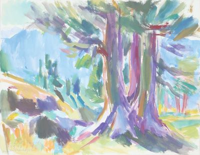 une aquarelle représentant un arbre au milieu d'un champ