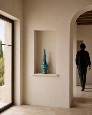 un homme qui traverse une pièce avec un vase