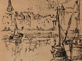 drawing of a boat in a harbor with a church in the background