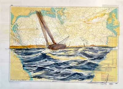 tableau représentant un voilier sur une mer agitée, avec une carte en arrière-plan