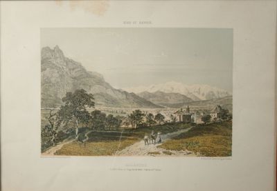 une vieille gravure représentant une vallée avec une montagne en arrière-plan
