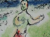 a drawing of a woman on the beach with a sailboat in the background