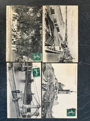 several black and white photos of a boat in the water