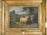 une photo d'un tableau représentant un cheval et des moutons dans un champ