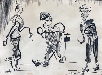 dessin humoristique représentant un groupe de personnes marchant dans une rue