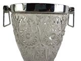 a glass ice bucket with a metal handle on a white background