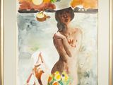 une image représentant un tableau d'une femme coiffée d'un chapeau sur la plage