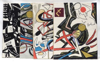 three different pieces of art on a white surface